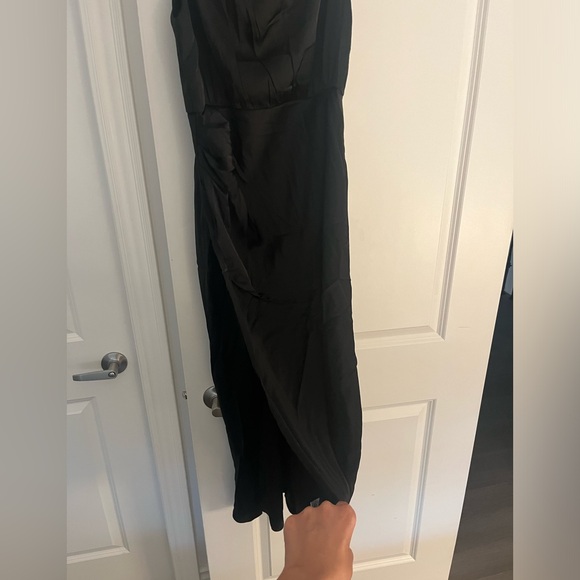 High neck side slit black satin midi dress - Picture 2 of 2